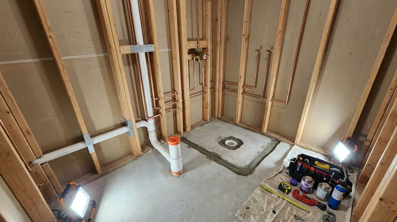 Bathroom rough-in plumbing during remodel by Johns Plumbing LLC in Hooker
