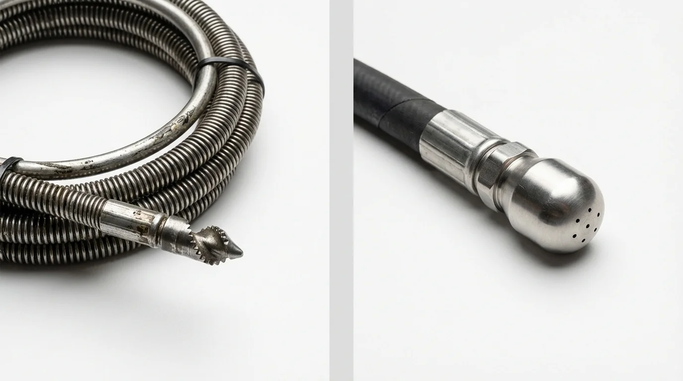 Drain snake cable and hydro jetting nozzle used for drain cleaning in Hooker, OK