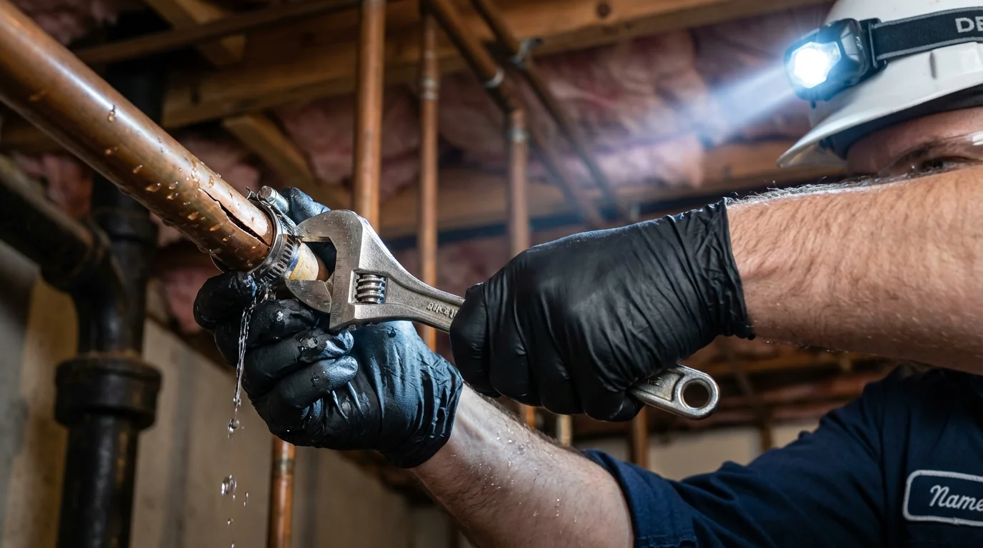 Emergency pipe clamp repair being performed by a Johns Plumbing LLC plumber in Hooker