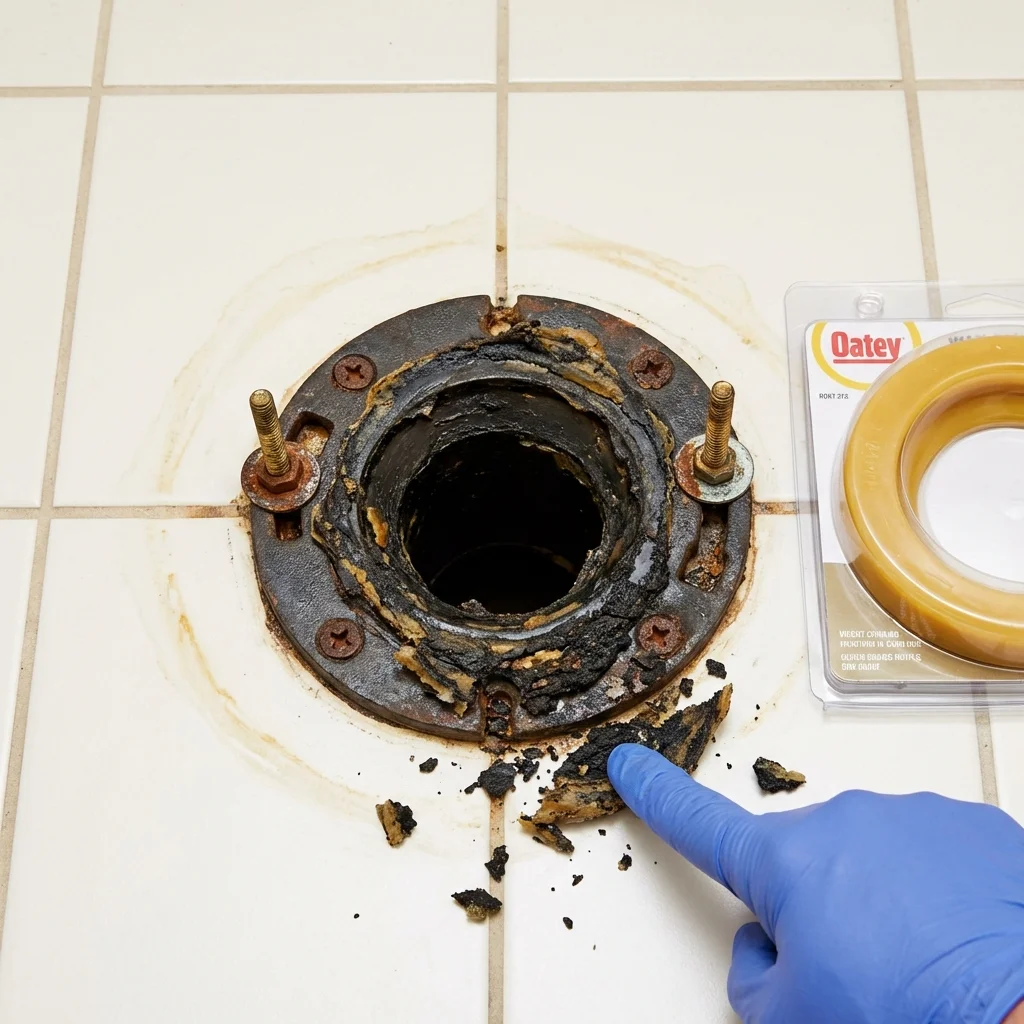 Failed wax ring showing water seepage at the base of a toilet in a Hooker, OK home
