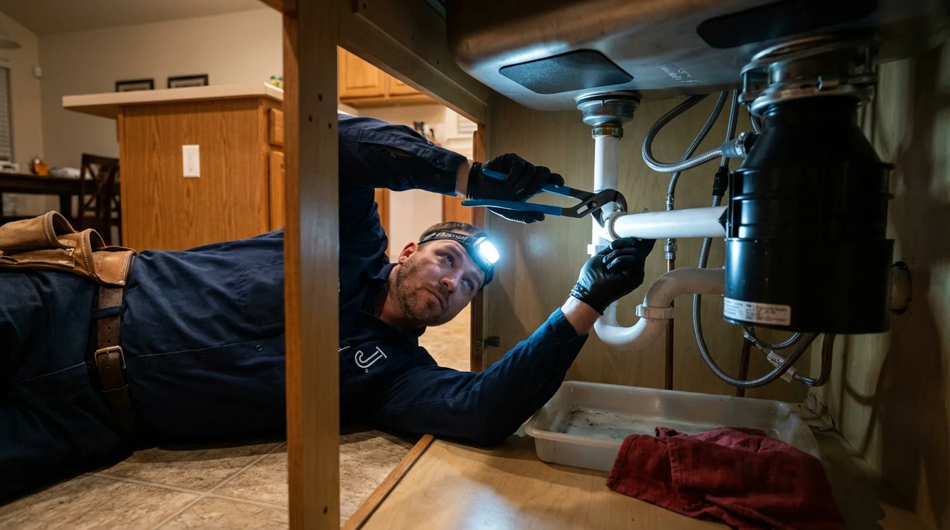 P-trap and supply line connections under a kitchen sink showing a common leak point in Hooker, OK